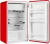 An open red retro-style mini-refrigerator with shelves marked with dimensions. Voir les images du produit