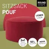 A red round pouf is shown against a green and red background with text overlays. Produktbild-Vorschau