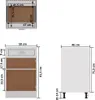 Diagrams showing the dimensions of a white cabinet with brown interior elements. Anteprima dell’immagine prodotto