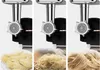 A collage of three images showing a meat grinder attachment with different noodle dies producing different types of noodles. Produktbild-Vorschau