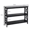 A black three-tier console table with dimensions indicated by measurement lines and text. Podgląd zdjęcia produktu