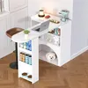 A white bar table with shelves and a built-in pet bed, shown in a home setting. Produktbild-Vorschau