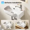 A collage of images showing a white ceramic wall-mounted sink with a chrome faucet, presented in different angles and settings. Anteprima dell’immagine prodotto