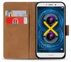 A book-style phone case with cards inserted, showing a smartphone screen with a camera graphic and time. Produktbild-Vorschau