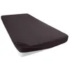 A dark brown fitted sheet is shown on a mattress, with the elastic edge visible. Produktbild-Vorschau