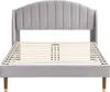 A gray upholstered bed frame with a slatted mattress support. Podgląd zdjęcia produktu