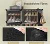A shoe rack with shoes and a handbag, with close-ups of a waterproof and easy-to-clean surface. Produktbild-Vorschau