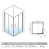 A technical drawing and a table showing the dimensions of a shower enclosure. Voir les images du produit