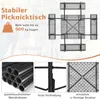 A marketing image showing a picnic table set with benches, with close-ups of its features and text highlighting its stability and load capacity. Produktbild-Vorschau
