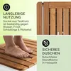 A collage of images showing a wooden shower mat, a close-up of wooden slats, and feet on a wet wooden shower mat. Produktbild-Vorschau