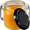 Three glass jars, one filled with orange jam, with a black lid placed next to it. The background is white. Anteprima dell’immagine prodotto