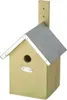 A wooden birdhouse with a gray roof, mounted on a wooden post. Produktbild-Vorschau