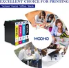 A collage of images showing people using printers and office supplies, with a product shot of ink cartridges. Produktbild-Vorschau
