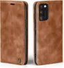 Two views of a brown leather flip case for a smartphone, shown from the front and back. Produktbild-Vorschau