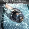 A close-up of a car safety hammer breaking a car window, with text overlay. Produktbild-Vorschau