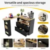 A versatile and spacious storage unit, likely a kitchen island or bar cart, with multiple shelves, drawers, and a countertop. It is shown with various items like bottles, books, spice jars, and tableware, demonstrating its storage capabilities. Voir les images du produit