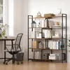A home office setup with a desk, chair, and a multi-shelf bookcase filled with books and decorative items. Produktbild-Vorschau