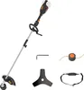 A cordless string trimmer and its accessories are displayed against a white background. Produktbild-Vorschau