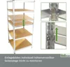A metal shelving unit with wooden shelves, shown with close-up details of its assembly and adjustable shelf feature. Produktbild-Vorschau