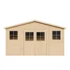 A front view of a wooden garden shed with windows and double doors, presented on a white background. Voir les images du produit