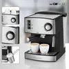 A collage of images showing a Clatronic espresso machine and its features, including cups, a frothing pitcher, and control dials. Náhľad obrázku produktu
