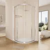 A modern bathroom with a curved glass shower enclosure, a freestanding bathtub, and a large window with a city view. Anteprima dell’immagine prodotto