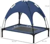 A dark blue elevated pet bed with a canopy, shown with dimensions indicated by white lines and text. Produktbild-Vorschau