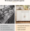 A split image showing a messy kitchen sink on the left and a clean, organized kitchen island on the right, with text highlighting the benefits of organization. Produktbild-Vorschau