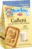 A bag of Mulino Bianco Galletti cookies with a close-up of one cookie and a glass of milk. Produktbild-Vorschau