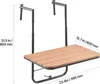 A close-up view of a wooden balcony hanging table, with dimensions labeled. Voir les images du produit
