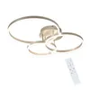 A modern LED ceiling lamp with three interconnected rings and a remote control, presented against a white background. Podgląd zdjęcia produktu