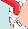 A close-up illustration of a red toothbrush with white bristles cleaning between teeth. Produktbild-Vorschau