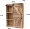 A wooden wall cabinet with a sliding barn door and shelves, with dimensions indicated by measurement lines and text. Náhled obrázku produktu