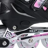A close-up view of the side of a black and pink inline skate, showing the wheels, frame, and part of the boot. Produktbild-Vorschau