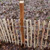 A close-up view of a wooden picket fence with a larger wooden post in the center, set against a background of fallen leaves and damp earth. Produktbild-Vorschau