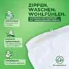 A close-up of a white mattress topper with a zipper, surrounded by green background with text and icons. Produktbild-Vorschau