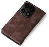 A brown leather flip case for a smartphone, showing the camera module. Produktbild-Vorschau