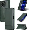 A collage of images showing a green leather phone case from different angles, including one with a phone inside and card slots. Produktbild-Vorschau