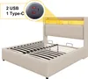 A beige upholstered bed frame with a headboard featuring LED lighting and a close-up inset showing USB and Type-C charging ports. Náhled obrázku produktu