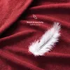 A close-up of a red textured fabric with a white feather resting on it. Voir les images du produit