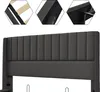 Close-up views of a bed frame's construction and upholstered headboard. Produktbild-Vorschau