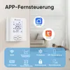 A smart thermostat mounted on a wall, with app icons and feature icons displayed below. Produktbild-Vorschau