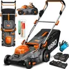 A collage of images showing a cordless lawnmower and its accessories. Produktbild-Vorschau