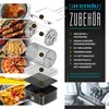 A collage of food items and air fryer accessories, with text and diagrams explaining the accessories. Produktbild-Vorschau