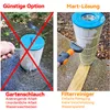 A split image showing two methods of cleaning a pool filter. The left side shows a filter being cleaned with a garden hose and a red 'X' indicating it's not recommended. The right side shows a filter being cleaned with a specialized filter cleaner attachme Produktbild-Vorschau