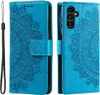 A blue flip case for a Samsung Galaxy A34 5G phone, featuring a mandala embossed design. Produktbild-Vorschau