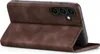 A brown leather flip case for a smartphone is shown from a diagonal, rear-facing angle, with the case open. Produktbild-Vorschau