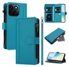 A collage of images showing a blue wallet-style phone case from different angles, including its interior card slots and a zipper pocket. Produktbild-Vorschau