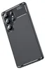 A black carbon fiber textured phone case with a camera cutout is shown against a white background. Produktbild-Vorschau