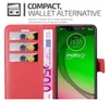 A red wallet-style phone case with a phone inside, showing card slots and a banknote. Náhľad obrázku produktu